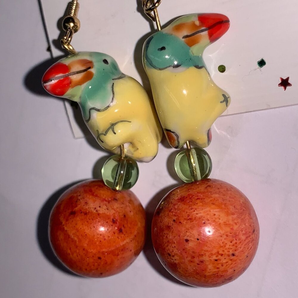 Yellow & Orange Ceramic Dangle Hand crafted Parrot Bird Earrings - Picture 4 of 4
